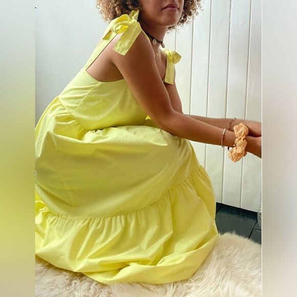 EUC Yellow Stradivarius Tiered PoplinMidi Dress with Bunny Ties - Picture 4 of 9
